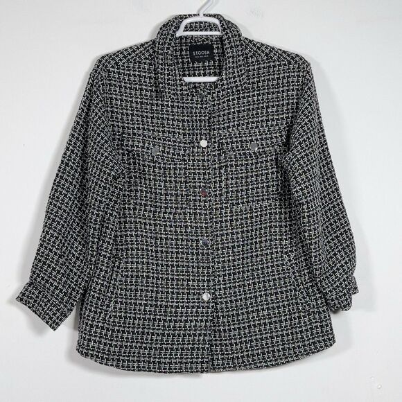 Stoosh Tweed Snap Front Jacket Womens Sz L Black White Check Plaid - Picture 1 of 10